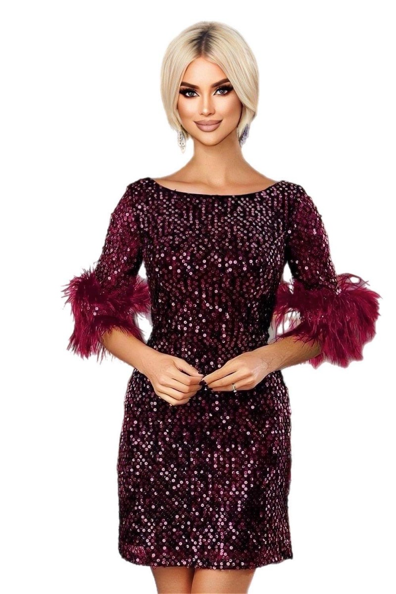 ROCHIE ELEGANTA PAIETE PE CATIFEA CU PENE LA MANECA