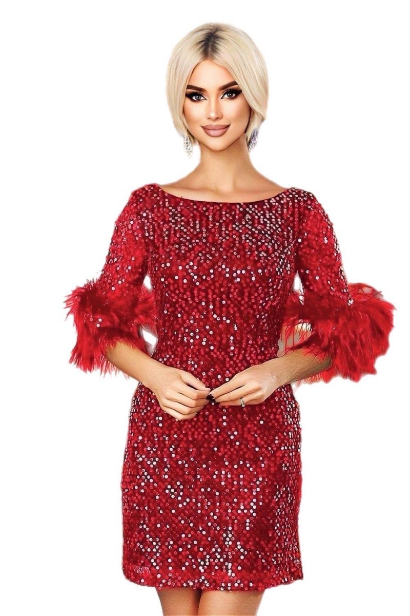 ROCHIE ELEGANTA PAIETE PE CATIFEA CU PENE LA MANECA