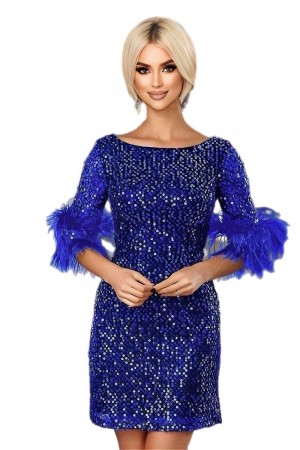 ROCHIE ELEGANTA PAIETE PE CATIFEA CU PENE LA MANECA