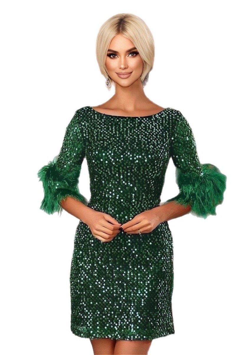 ROCHIE ELEGANTA PAIETE PE CATIFEA CU PENE LA MANECA
