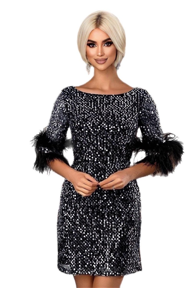 ROCHIE ELEGANTA PAIETE PE CATIFEA CU PENE LA MANECA