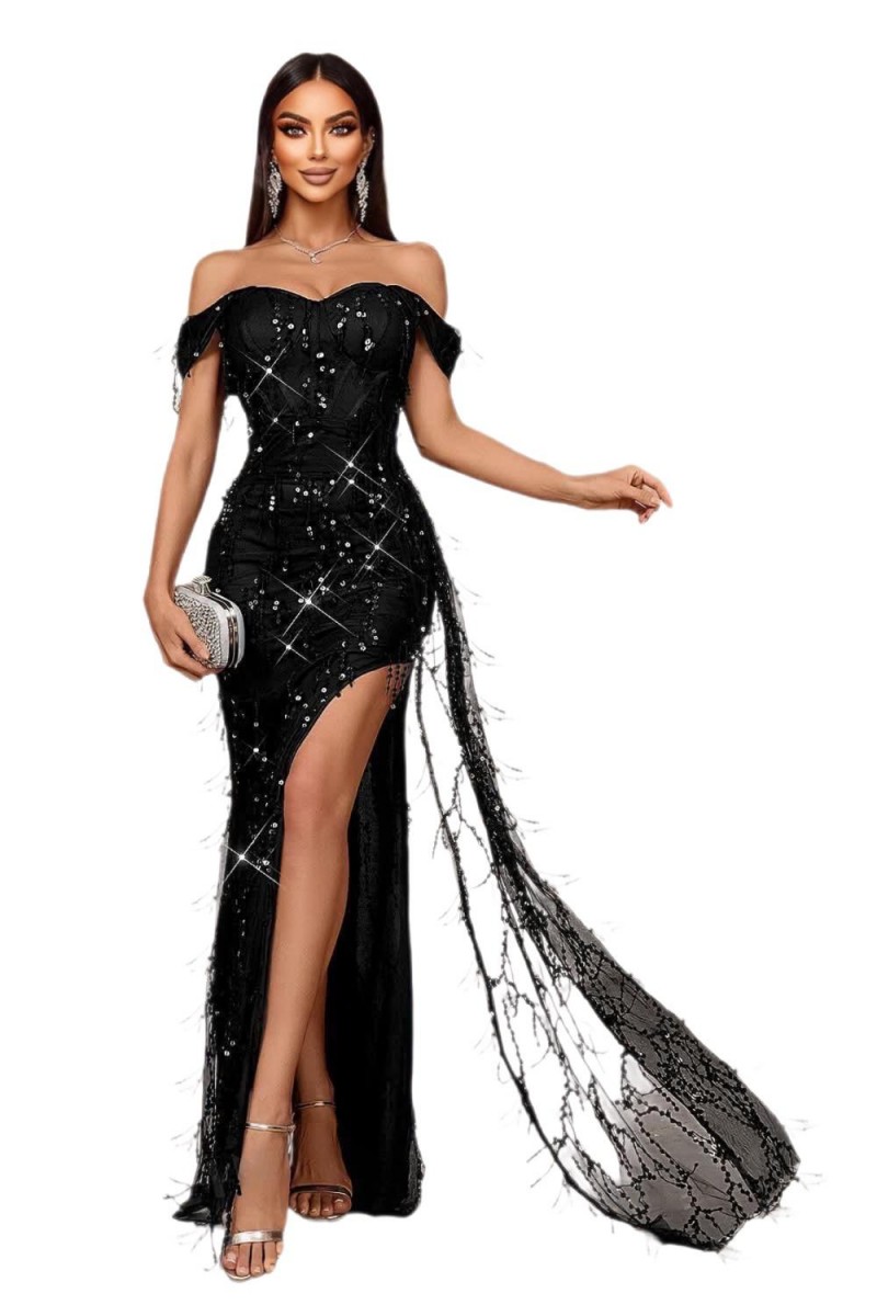 ROCHIE LUNGA ELEGANTA CU FRANJURI PAIETE